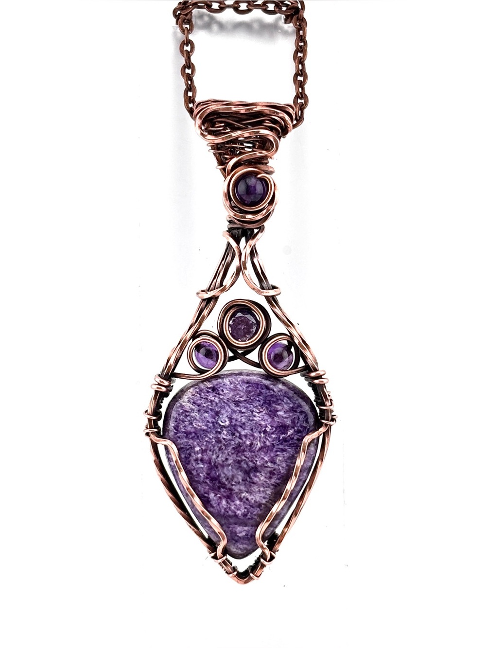 HANDMADE Charoite, Faceted Cubic Zirconia, Amethyst Copper Pendant Necklace